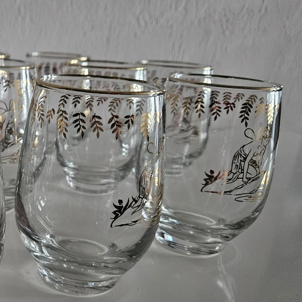 VTG 1950s LIBBEY White Rock Girl Gold Painted Stemless Glasses | Set of 10